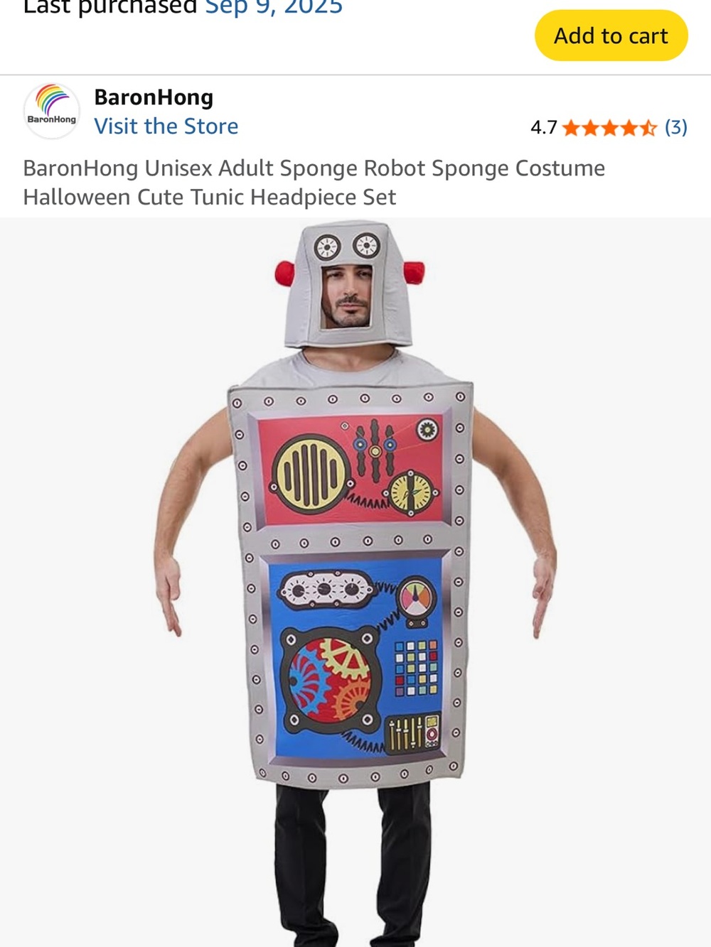 Halloween Adult size Gray and Red Robot Costume Tunic with Headpiece